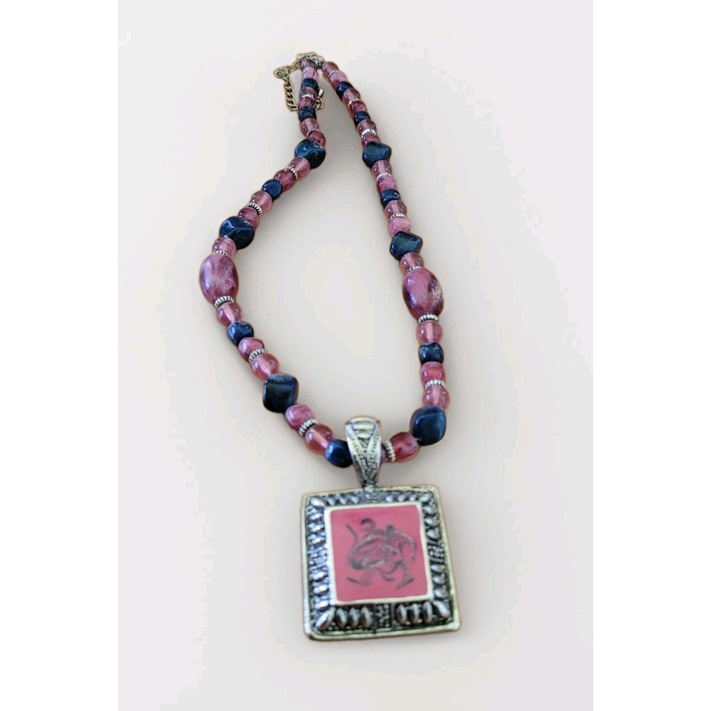 Vintage Rhodonite Gemstone Bead Dragon Pendant Necklace 18" 40g